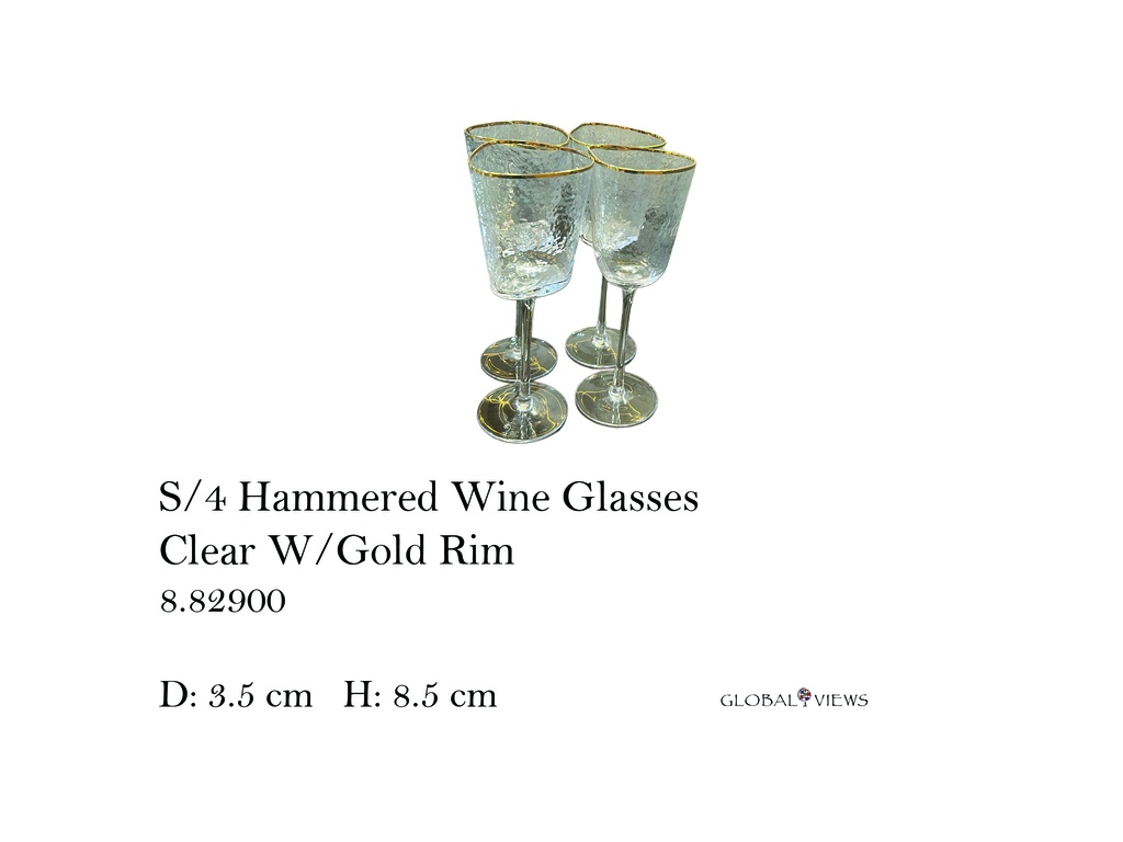 S/4 Hammered Wine Glasses-Clear W/Gold Rim