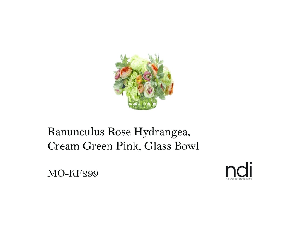 RANUNCULUS ROSE HYDRANGEA, CREAM GREEN PINK, GLASS BOWL