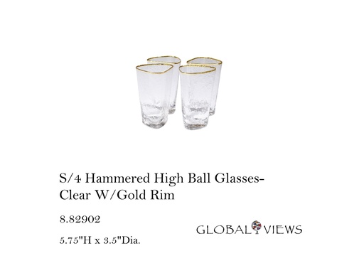 [MHT-004641] S/4 Hammered High Ball Glasses-Clear W/Gold Rim