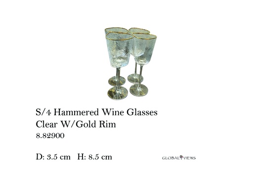 [MHT-004646] S/4 Hammered Wine Glasses-Clear W/Gold Rim