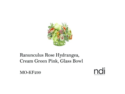 [MHT-003251] RANUNCULUS ROSE HYDRANGEA, CREAM GREEN PINK, GLASS BOWL